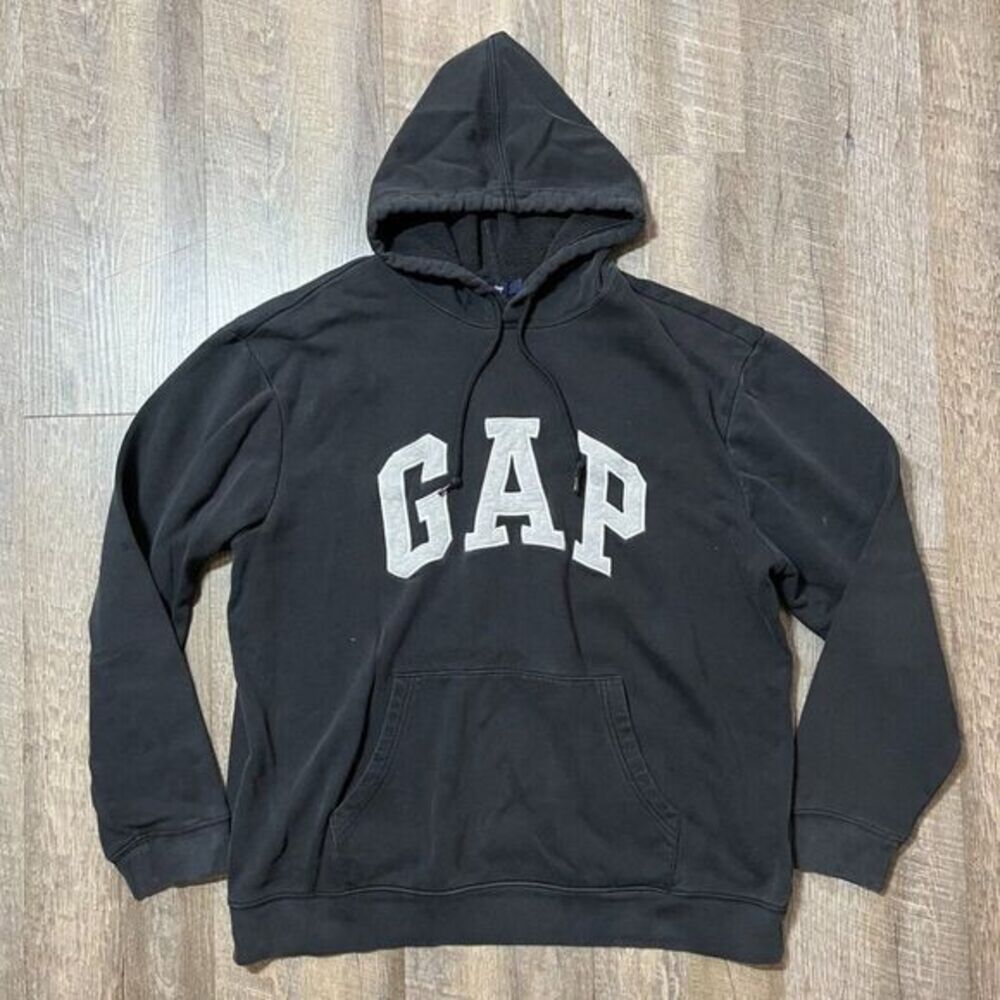 Vintage Y2k‎ GAP Big Spell out Embroidered Black Hoodie Pullover Womens XL